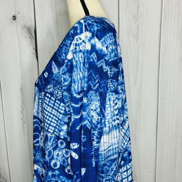 Tango Mango Blue Patterned 3/4 Sleeve V-Neck Tunic Blouse Women's Sz L India - Picture 7 of 11